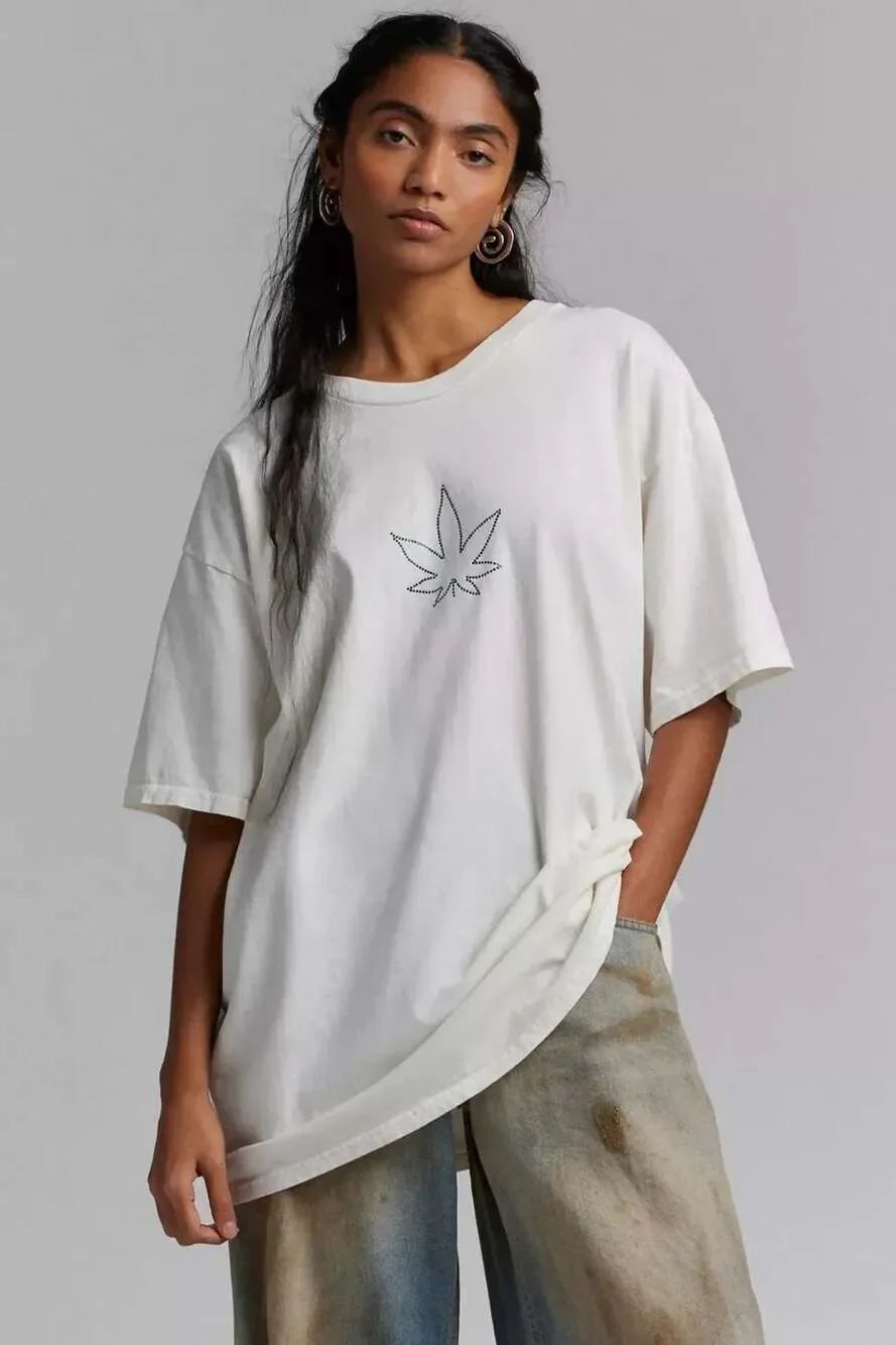 Urban Outfitters Rhinestone Leaf Oversized T-Shirt White Size XL NEW